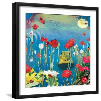 Frog And Ladybugs - Black Framed Art Print Wall Art, 16x16