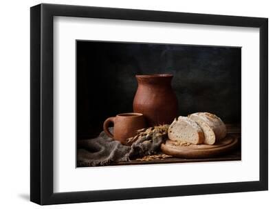 Homemade Bread and Vintage Ceramic Kitchenware on an Old Wooden Table. Artistic Still Life in Vinta - Black Framed Art Print Wall Art, 12x8