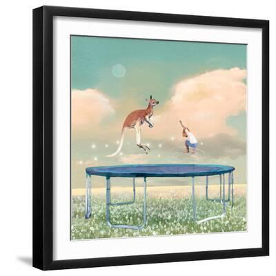 Jumping With Kangaroo - Black Framed Art Print Wall Art, 16x16