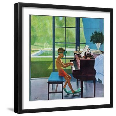"Poolside Piano Practice," June 11, 1960 - Black Framed Art Print Wall Art, 16x16