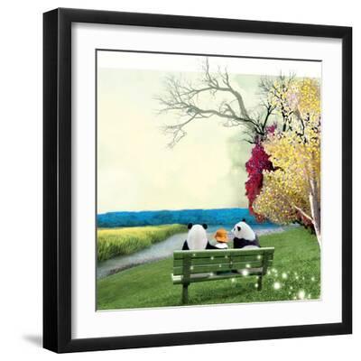 Sitting With Pandas - Black Framed Art Print Wall Art, 16x16